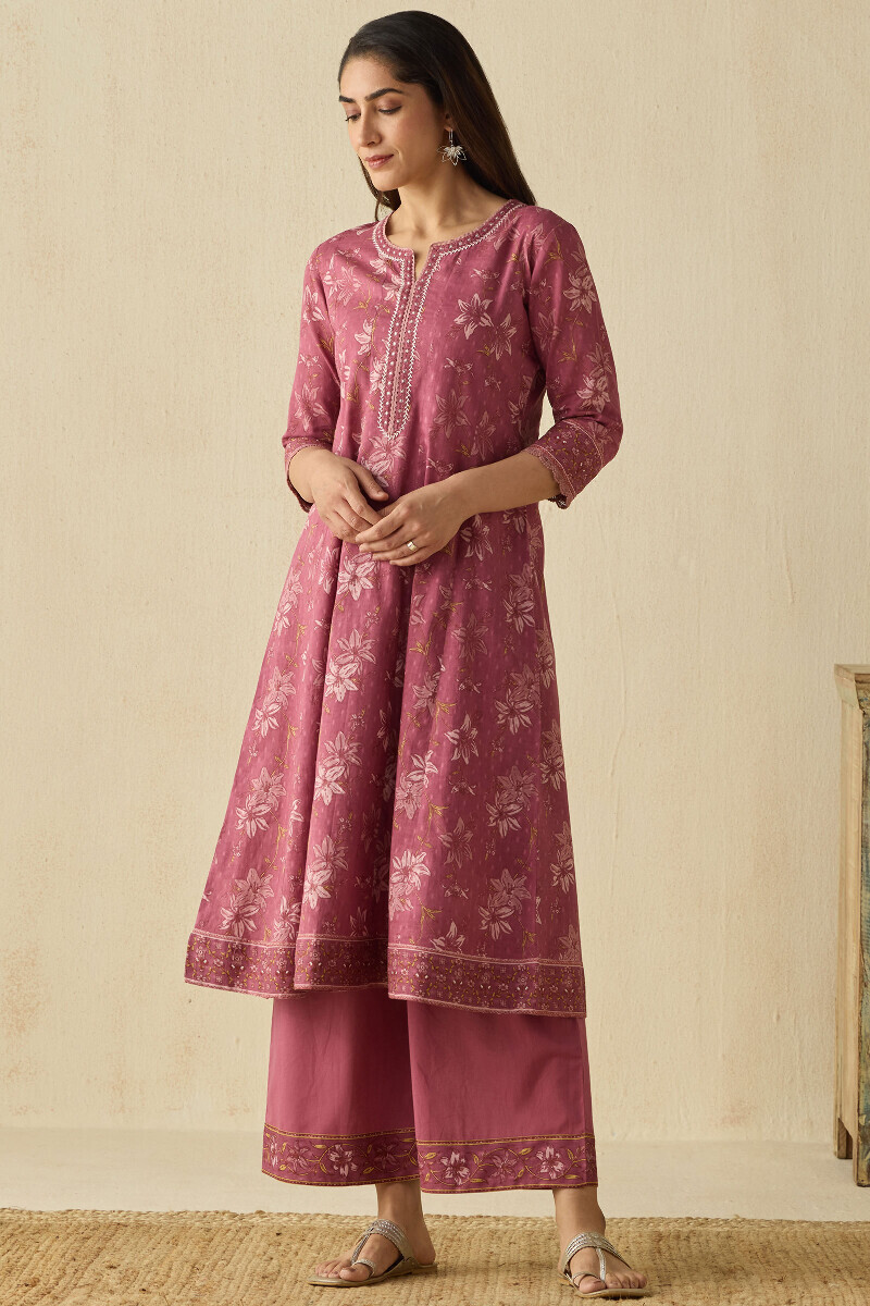 Mauve Hand Printed Anarkali Cotton Dobby Kurta