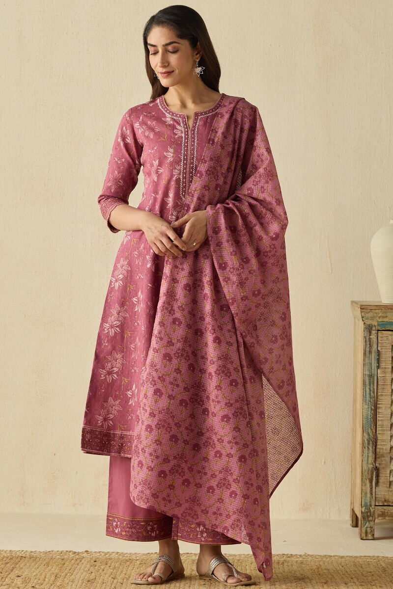 Mauve Hand Printed Anarkali Cotton Dobby Kurta