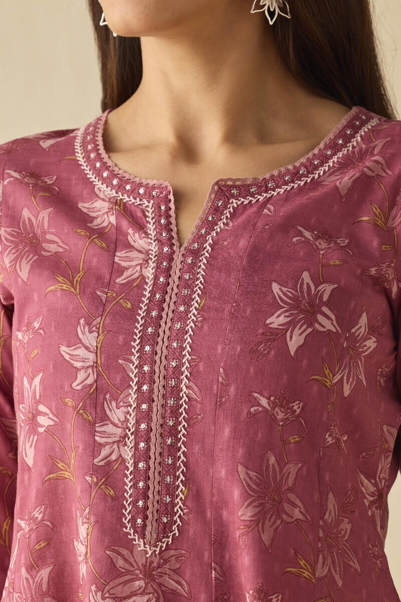 Mauve Hand Printed Anarkali Cotton Dobby Kurta