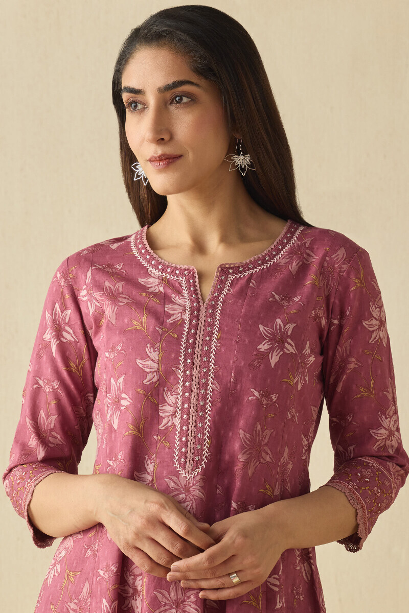 Mauve Hand Printed Anarkali Cotton Dobby Kurta