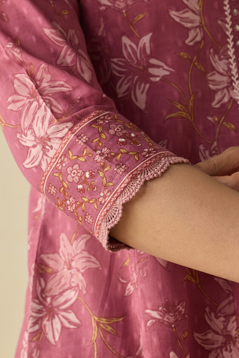 Mauve Hand Printed Anarkali Cotton Dobby Kurta