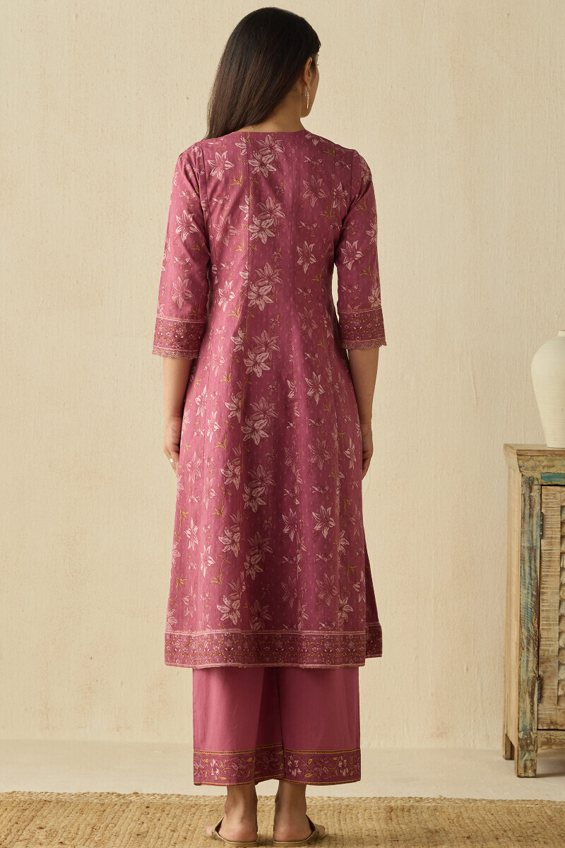 Mauve Hand Printed Anarkali Cotton Dobby Kurta