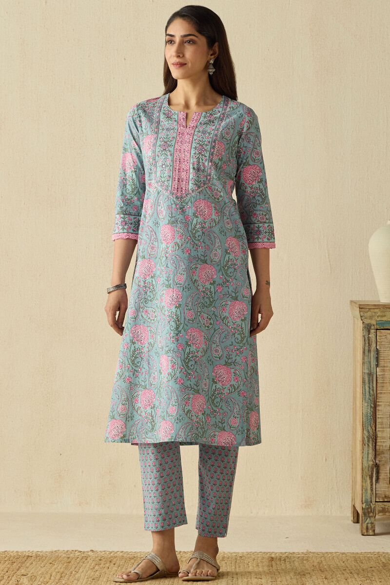 Blue Hand Printed Straight Cotton Kurta