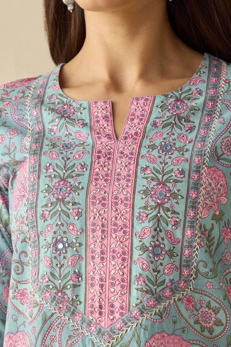 Blue Hand Printed Straight Cotton Kurta