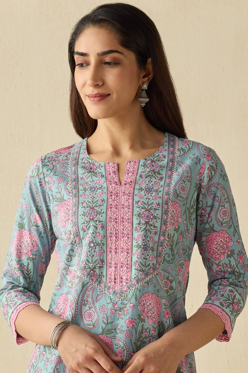 Blue Hand Printed Straight Cotton Kurta