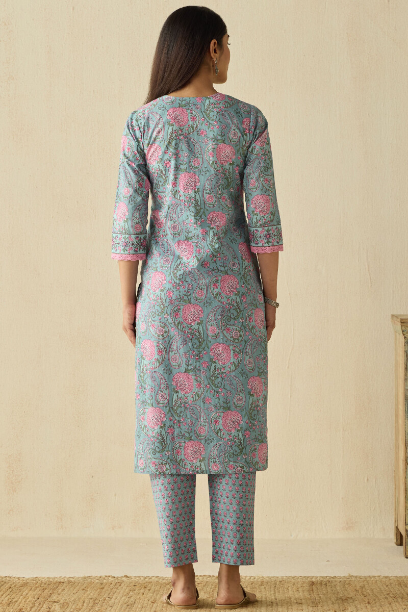 Blue Hand Printed Straight Cotton Kurta
