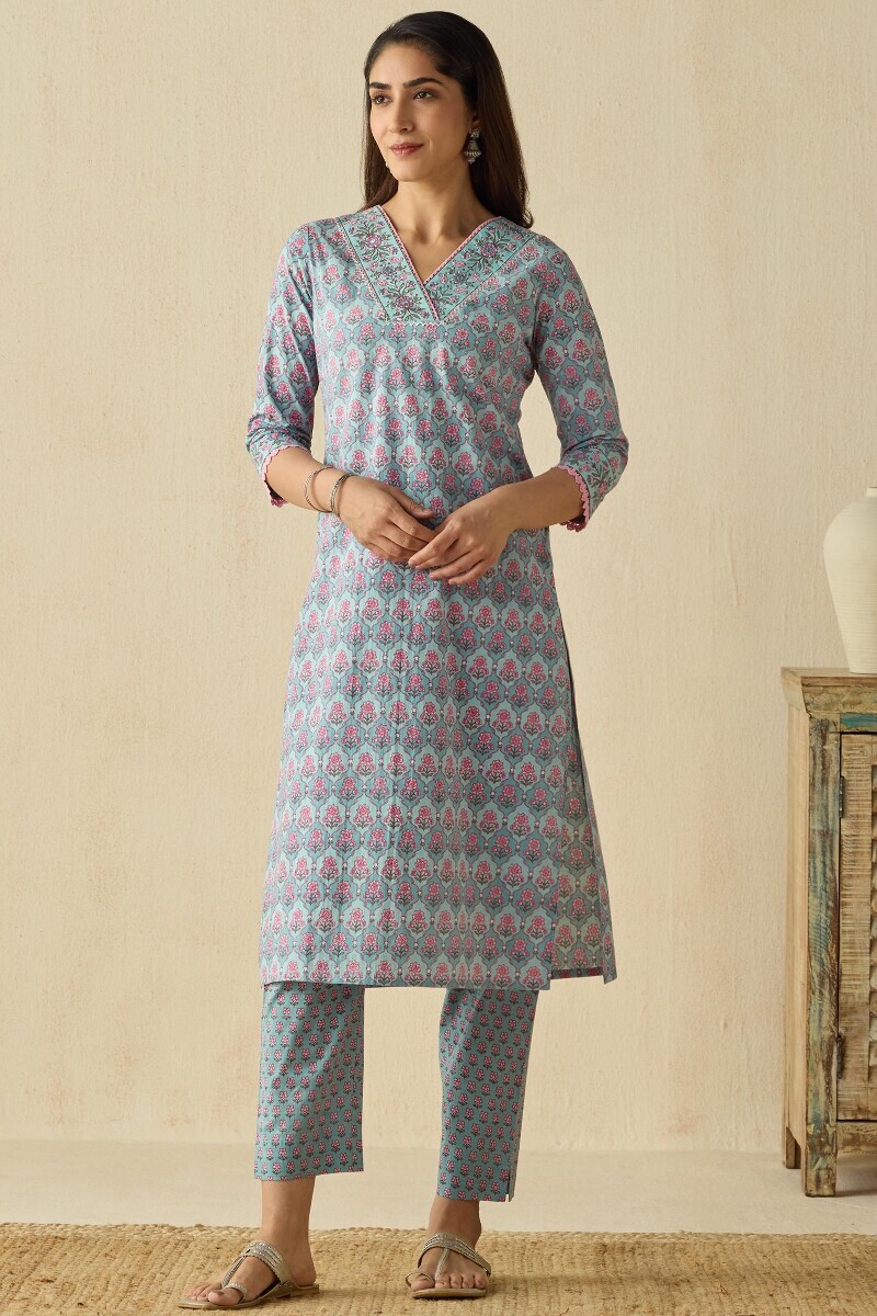 Blue Hand Printed Straight Cotton Kurta