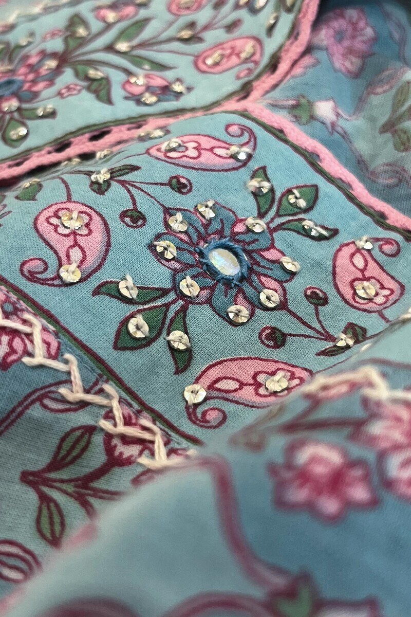 Blue Hand Printed Straight Cotton Kurta