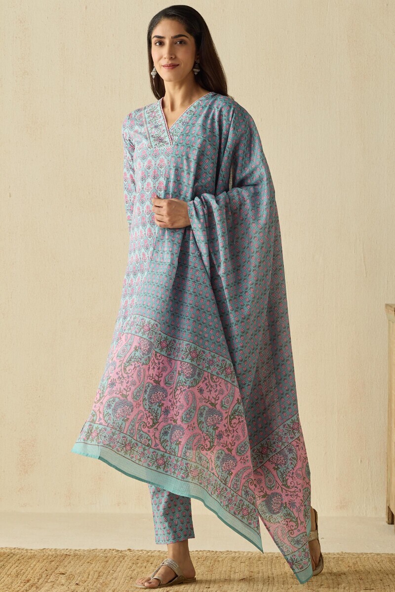 Blue Hand Printed Straight Cotton Kurta