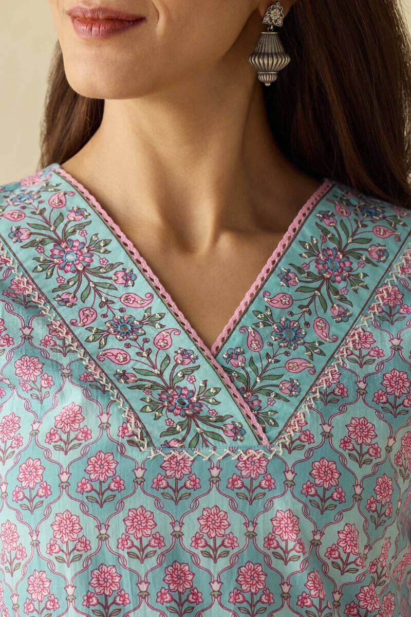 Blue Hand Printed Straight Cotton Kurta
