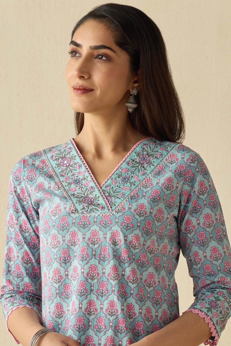 Blue Hand Printed Straight Cotton Kurta