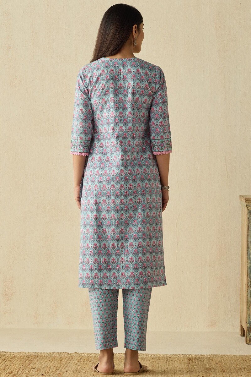 Blue Hand Printed Straight Cotton Kurta