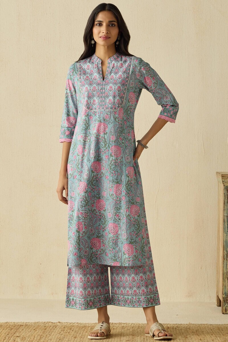 Blue Hand Printed Straight Cotton Kurta