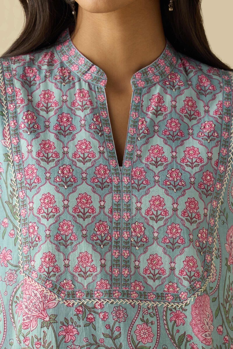 Blue Hand Printed Straight Cotton Kurta