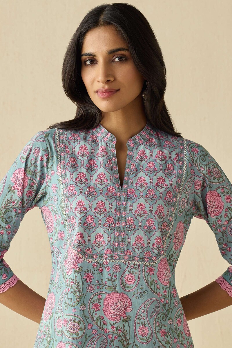 Blue Hand Printed Straight Cotton Kurta