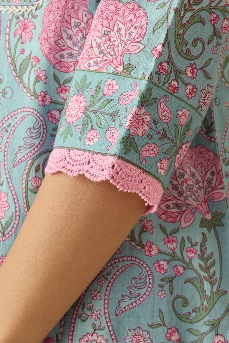 Blue Hand Printed Straight Cotton Kurta
