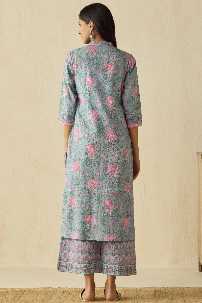 Blue Hand Printed Straight Cotton Kurta