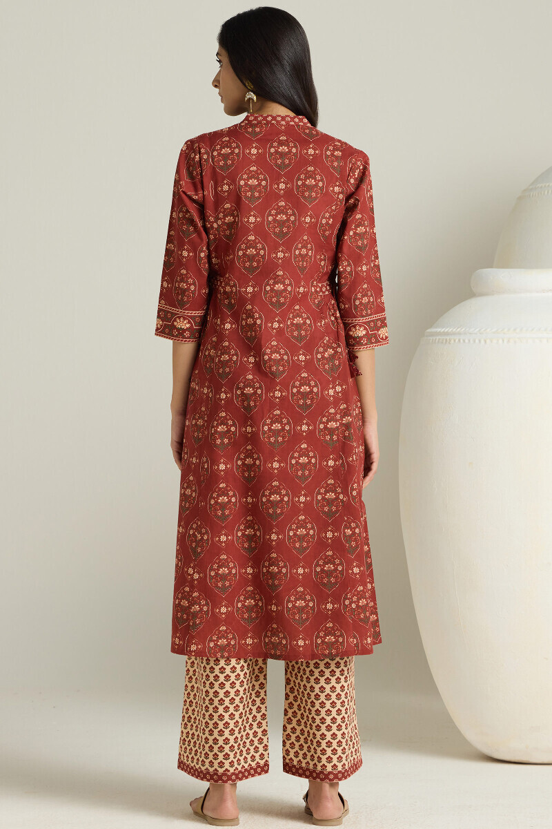 Maroon Hand Printed A-Line Cotton Kurta