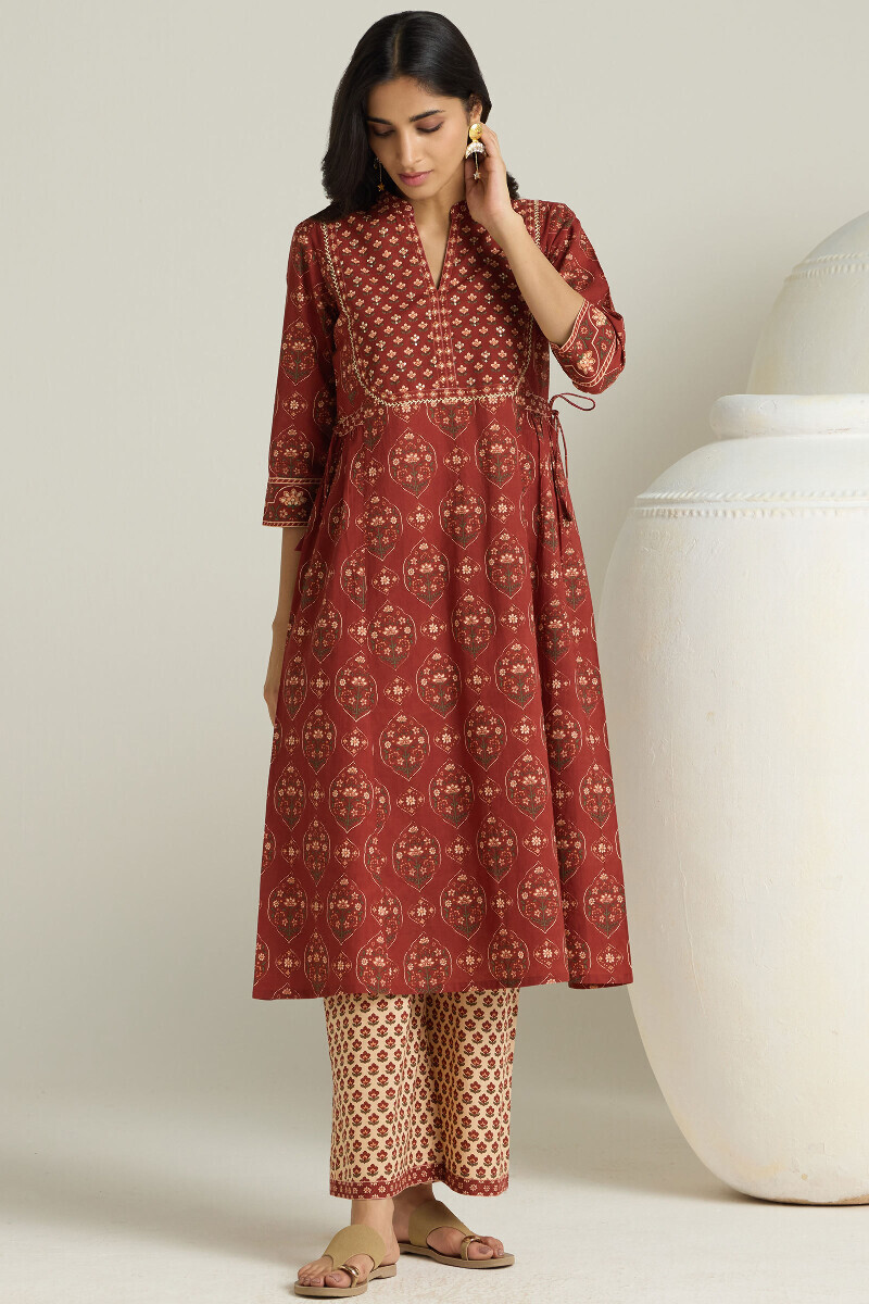 Maroon Hand Printed A-Line Cotton Kurta