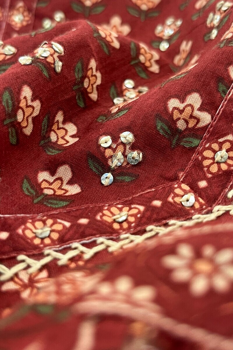 Maroon Hand Printed A-Line Cotton Kurta