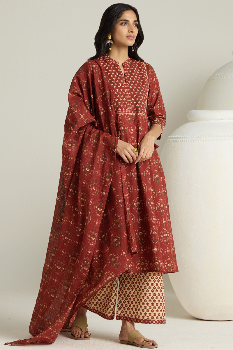 Maroon Hand Printed A-Line Cotton Kurta