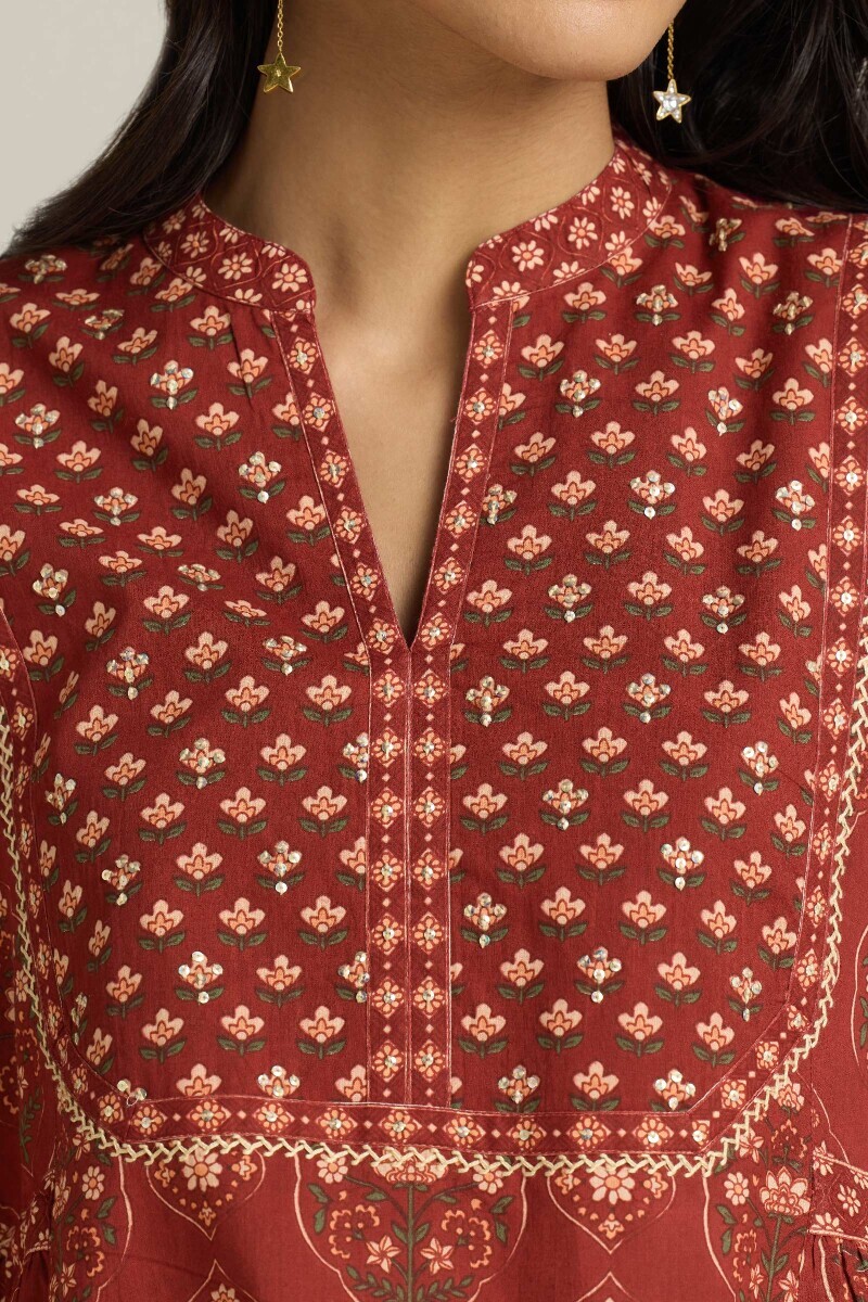 Maroon Hand Printed A-Line Cotton Kurta