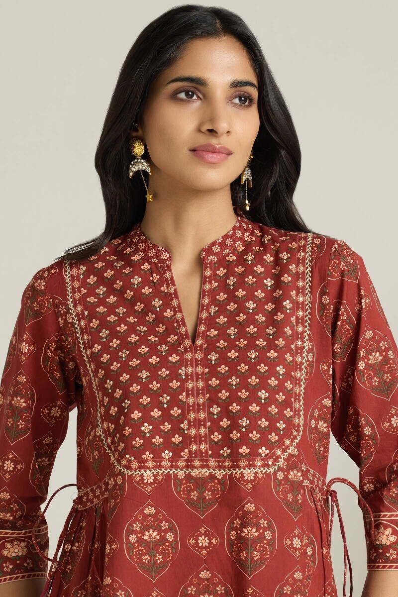 Maroon Hand Printed A-Line Cotton Kurta