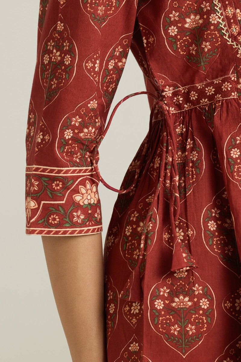 Maroon Hand Printed A-Line Cotton Kurta