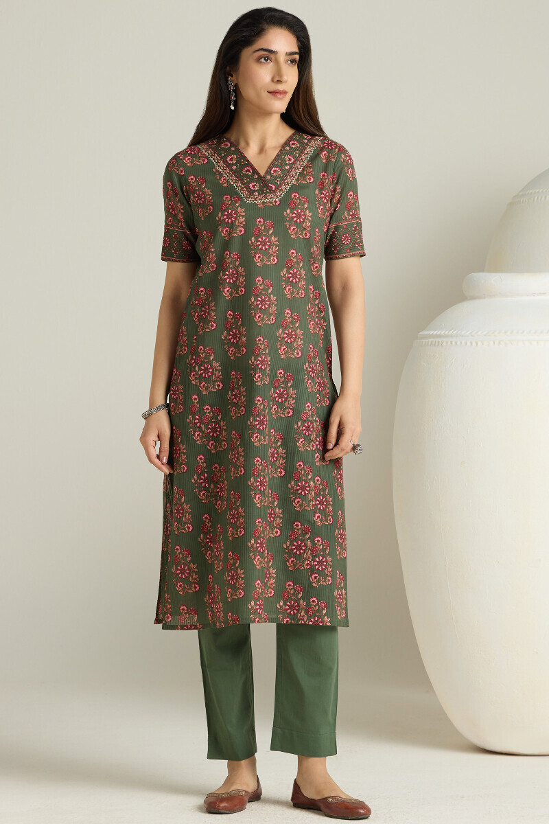 Green Hand Printed Straight Cotton Dobby Kurta