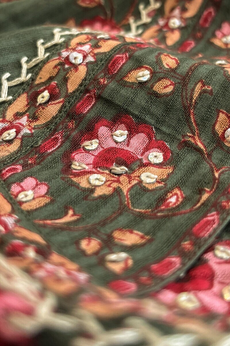 Green Hand Printed Straight Cotton Dobby Kurta