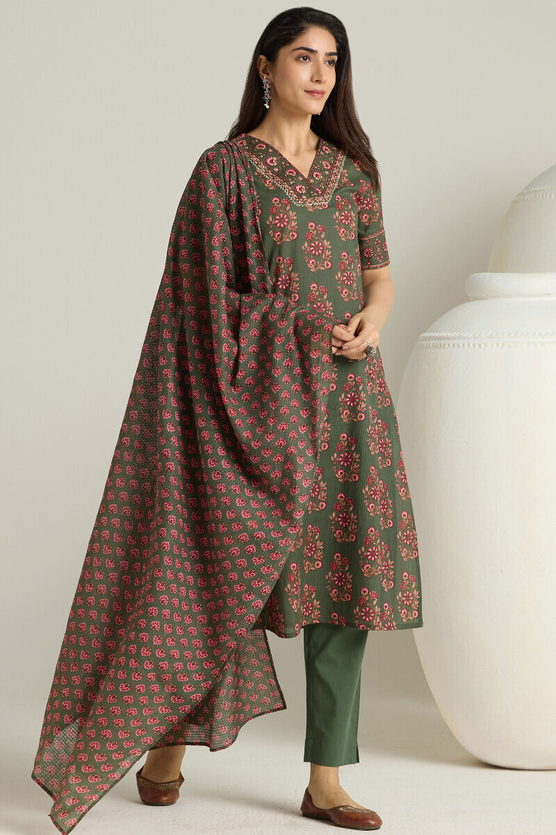 Green Hand Printed Straight Cotton Dobby Kurta