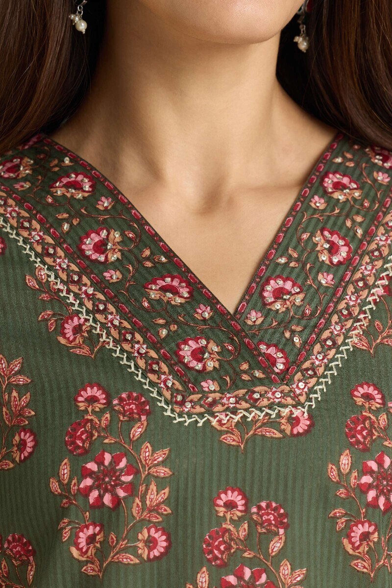 Green Hand Printed Straight Cotton Dobby Kurta