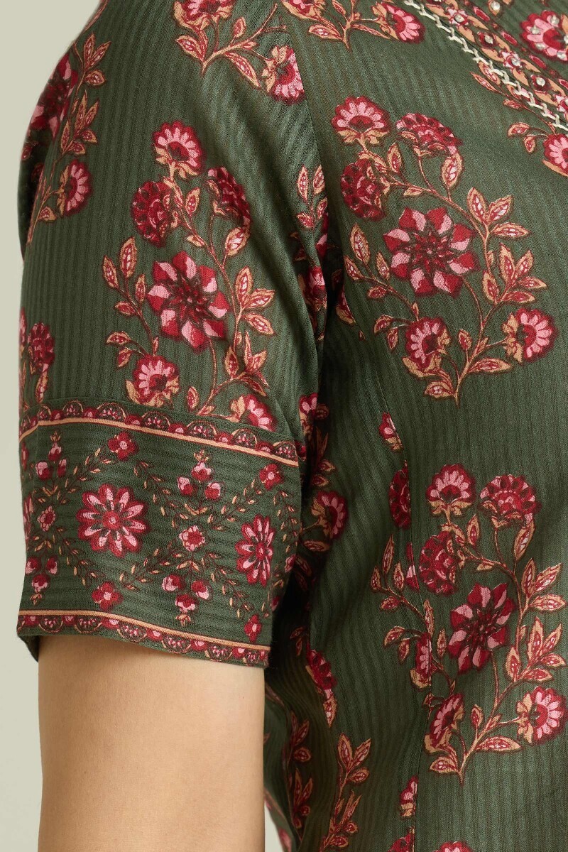 Green Hand Printed Straight Cotton Dobby Kurta