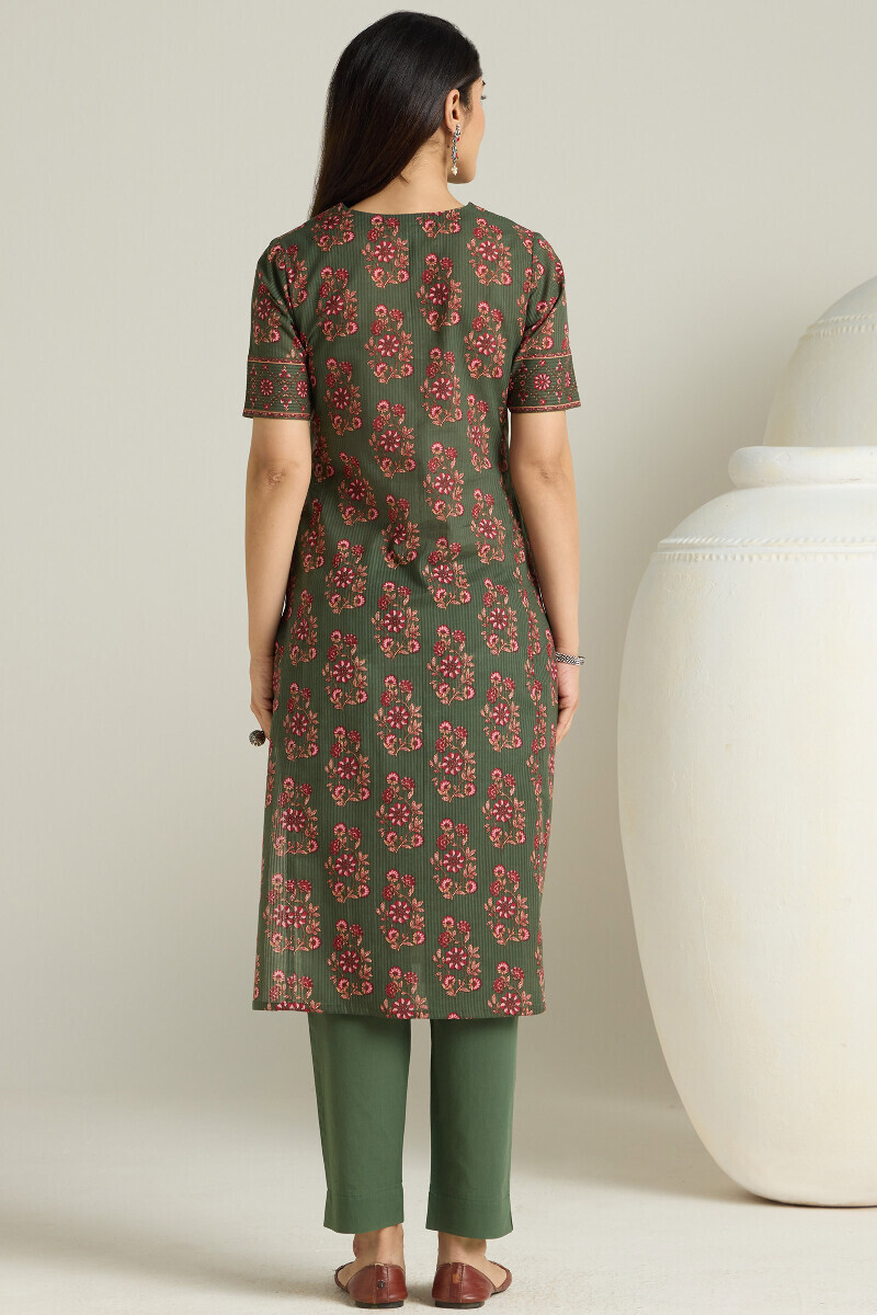 Green Hand Printed Straight Cotton Dobby Kurta