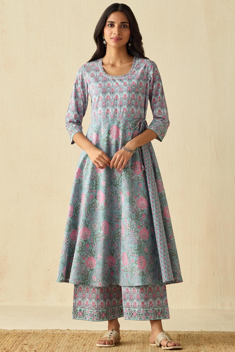 Blue Hand Printed Angrakha Cotton Kurta