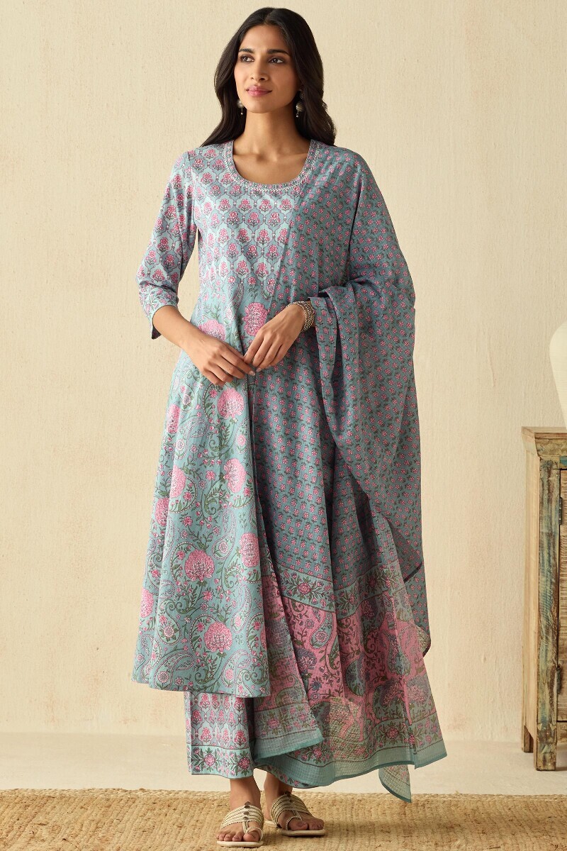 Blue Hand Printed Angrakha Cotton Kurta
