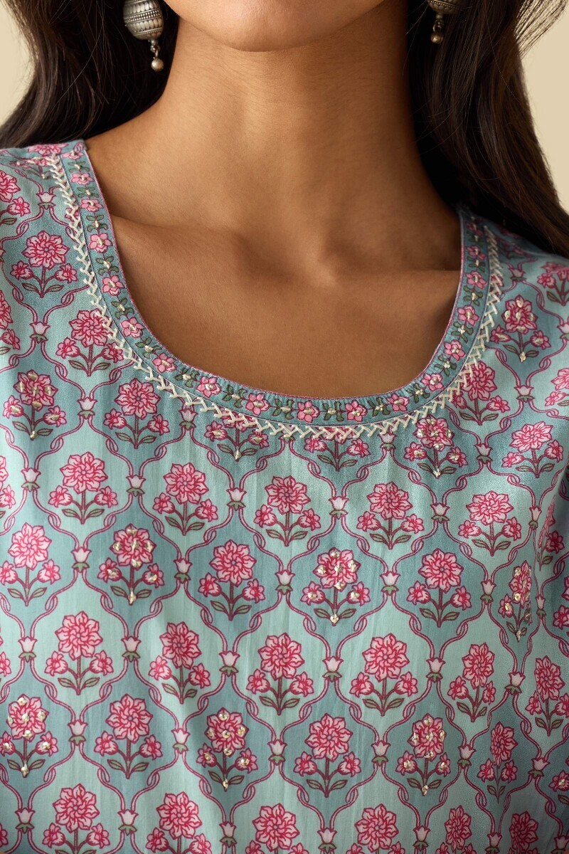 Blue Hand Printed Angrakha Cotton Kurta