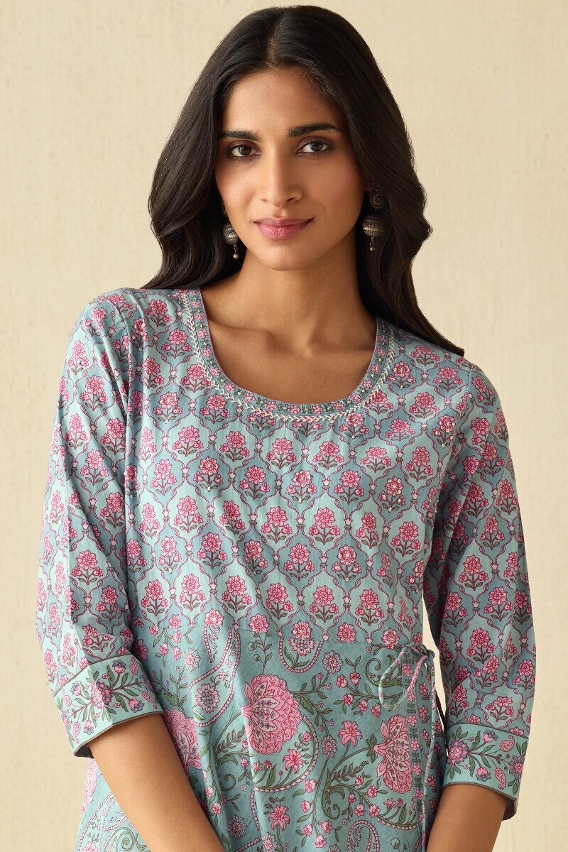Blue Hand Printed Angrakha Cotton Kurta