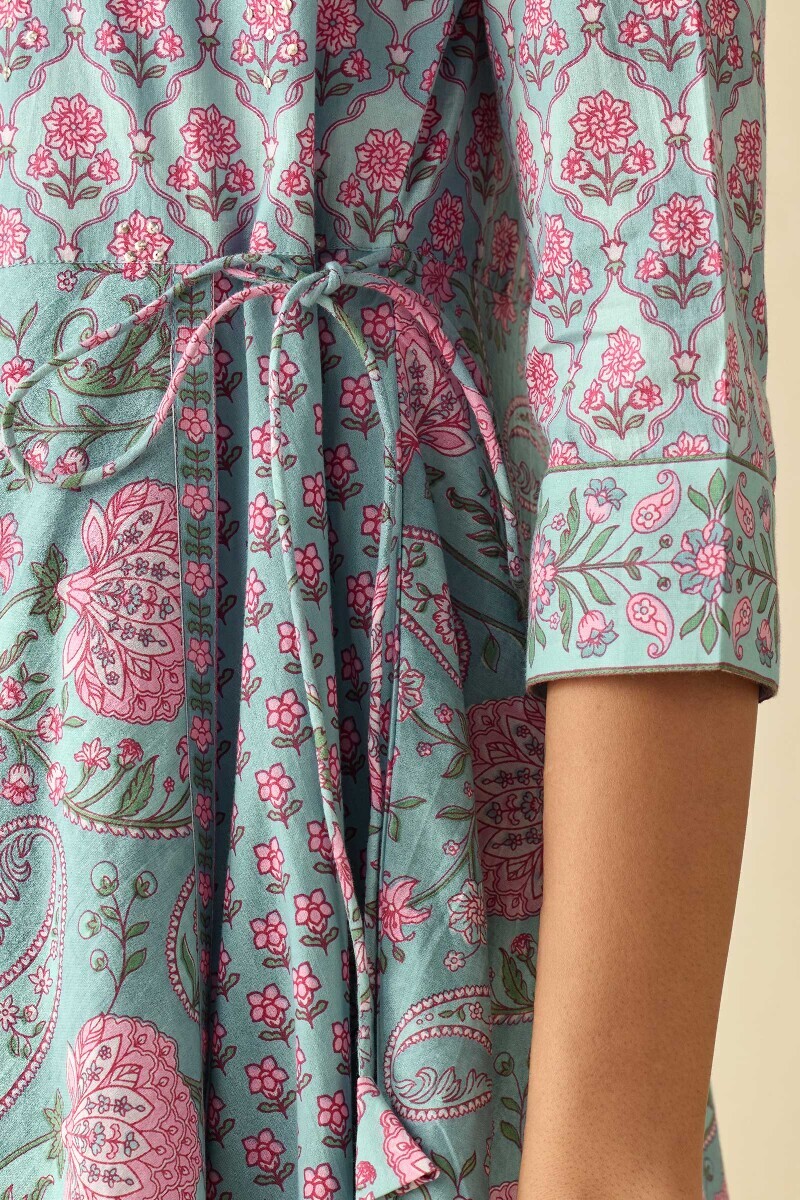 Blue Hand Printed Angrakha Cotton Kurta