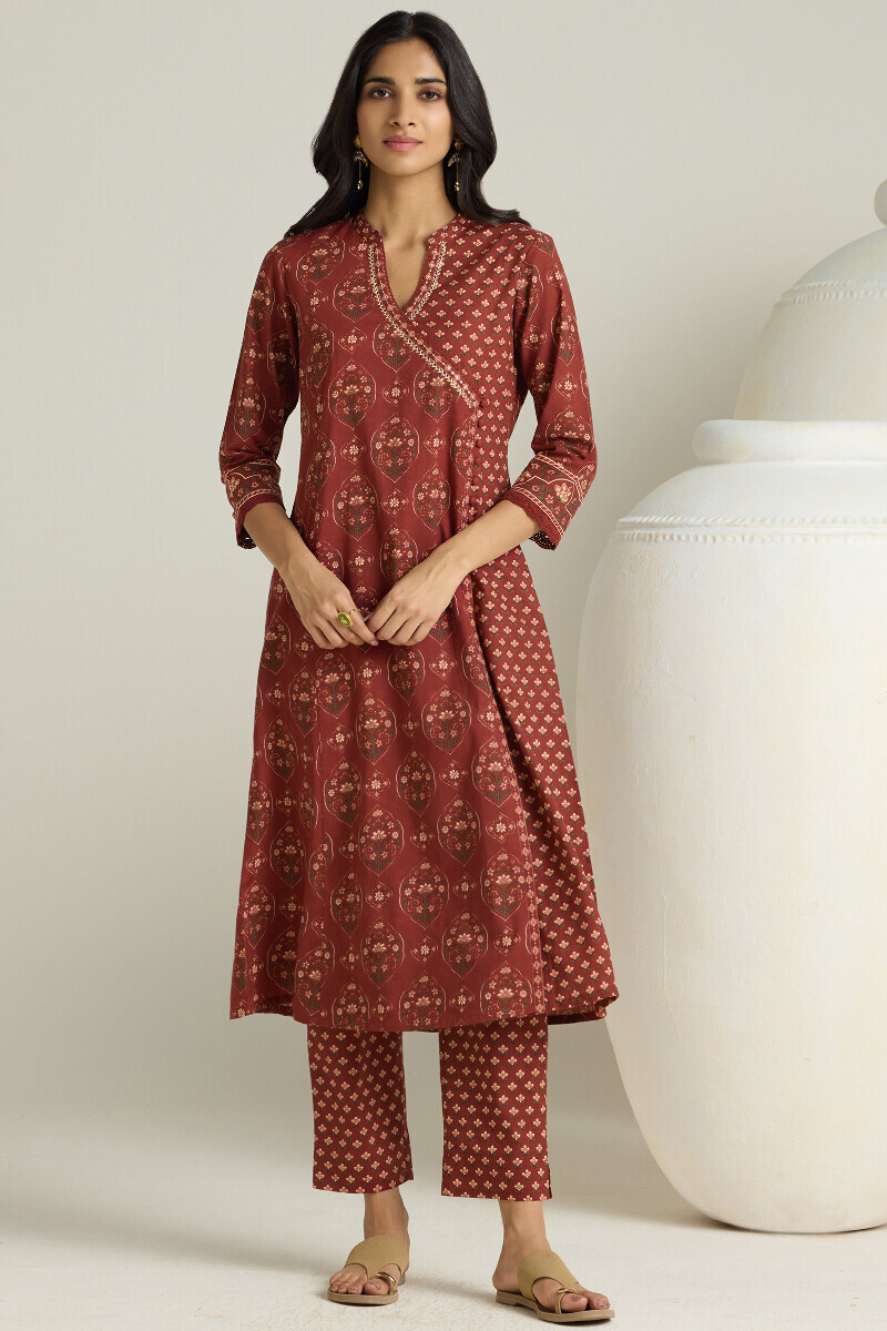 Maroon Hand Printed Angrakha Cotton Kurta