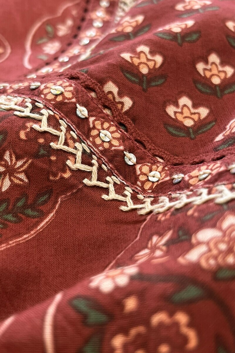 Maroon Hand Printed Angrakha Cotton Kurta