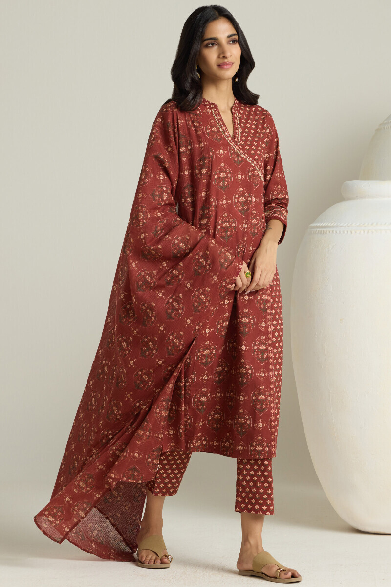 Maroon Hand Printed Angrakha Cotton Kurta