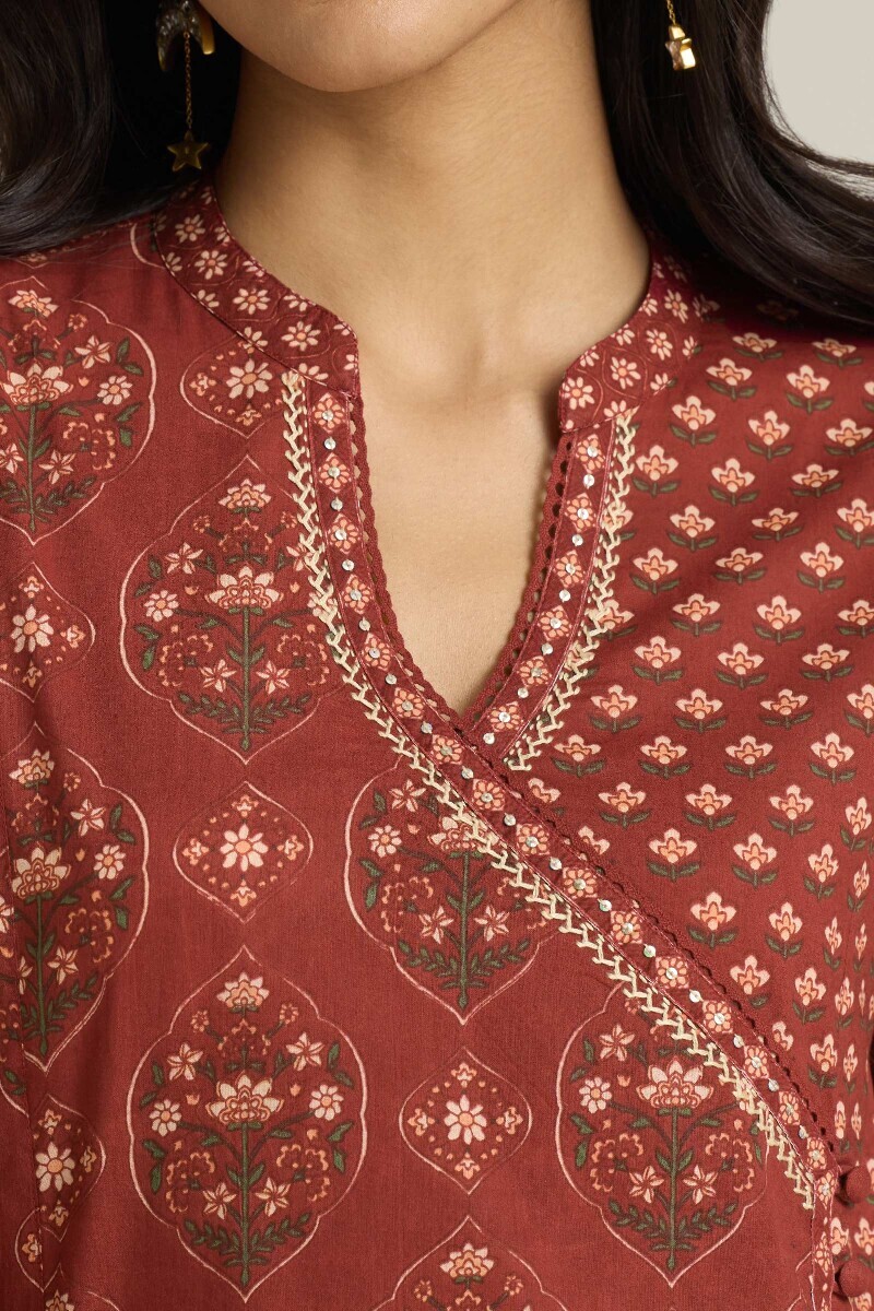Maroon Hand Printed Angrakha Cotton Kurta
