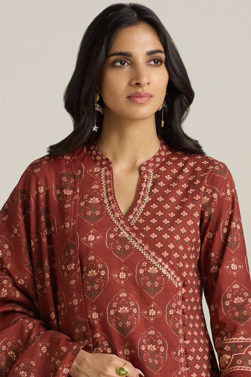Maroon Hand Printed Angrakha Cotton Kurta