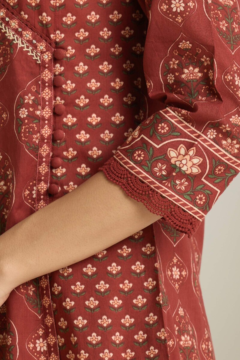 Maroon Hand Printed Angrakha Cotton Kurta