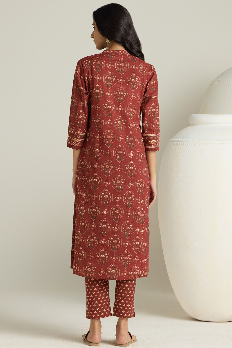 Maroon Hand Printed Angrakha Cotton Kurta