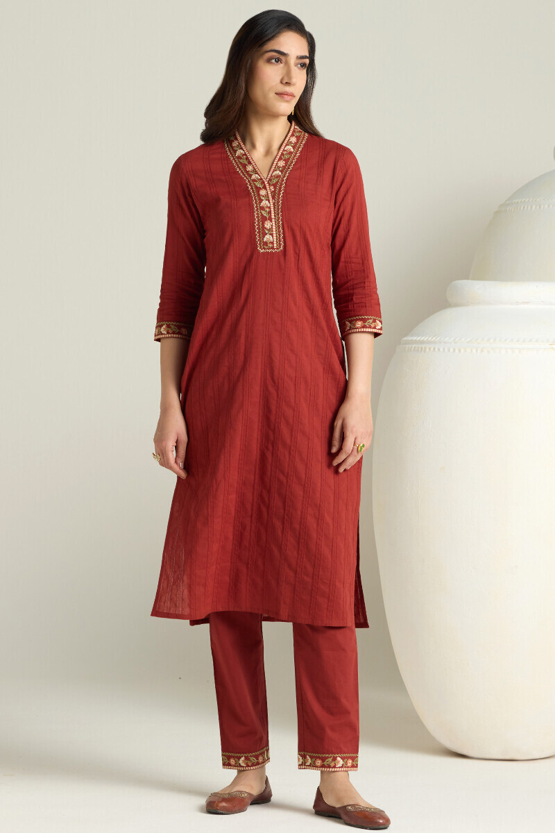 Maroon Handcrafted Straight Cotton Dobby Kurta