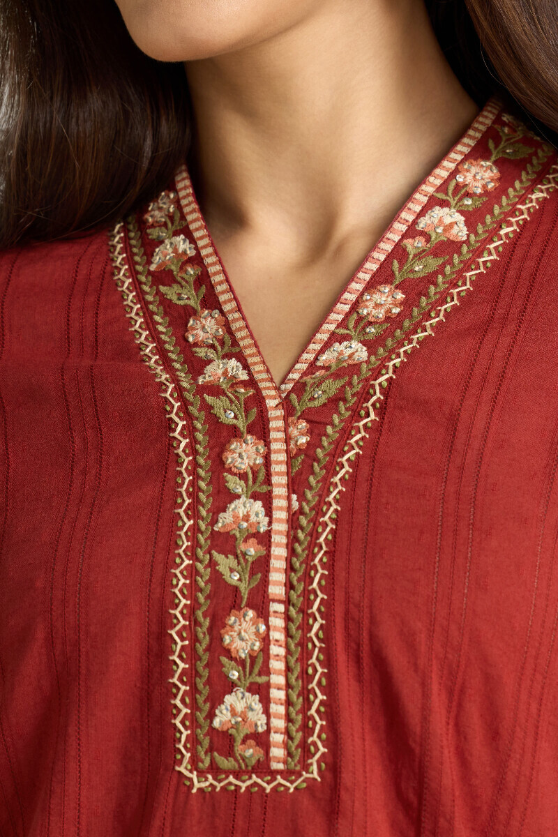 Maroon Handcrafted Straight Cotton Dobby Kurta