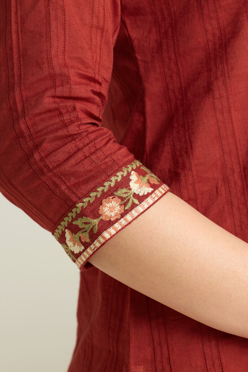 Maroon Handcrafted Straight Cotton Dobby Kurta