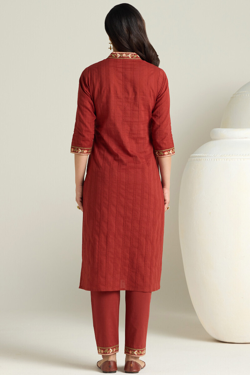 Maroon Handcrafted Straight Cotton Dobby Kurta